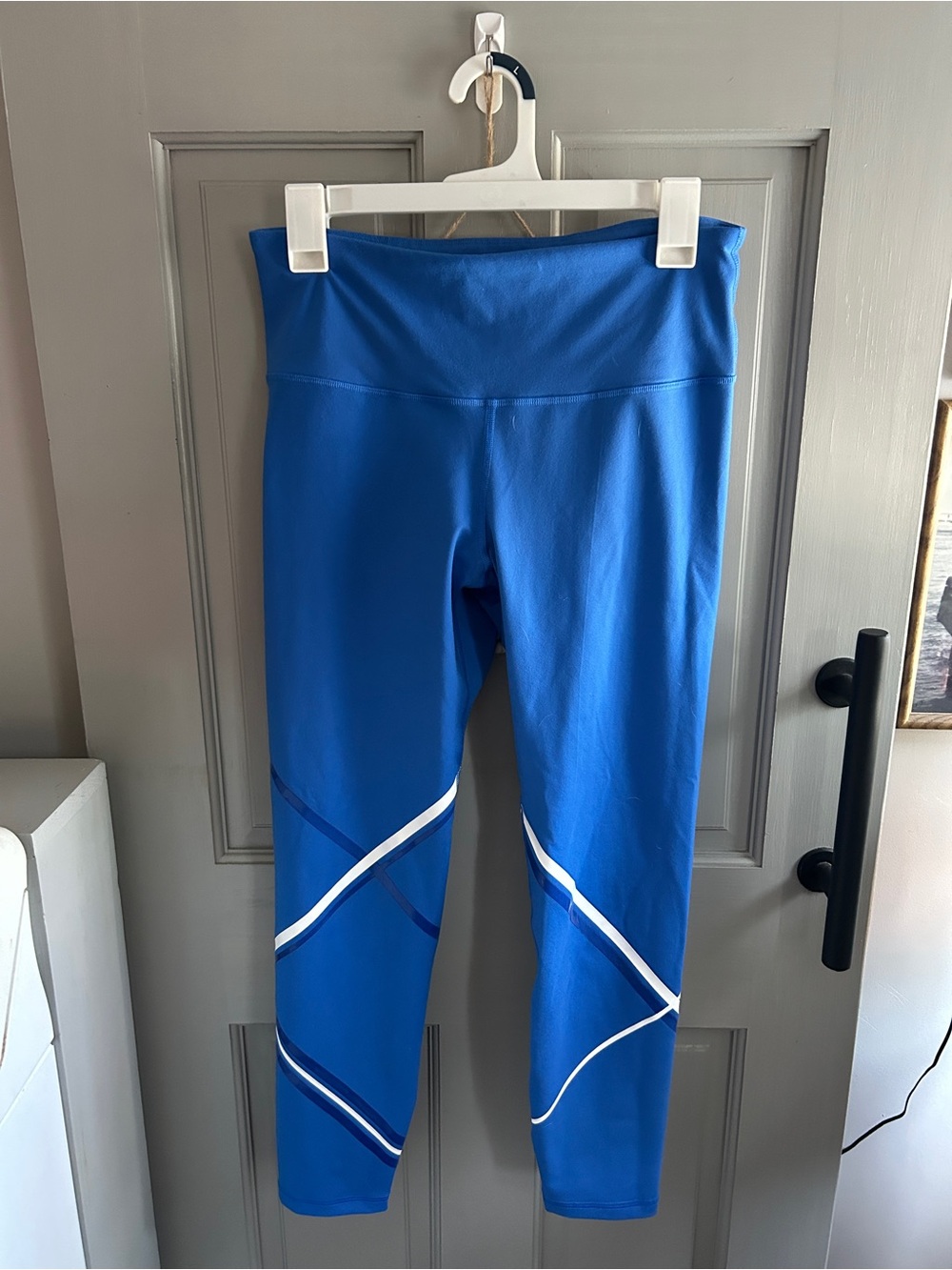 Old Navy Blue Athletic Leggings with White & Dark Blue Stripes